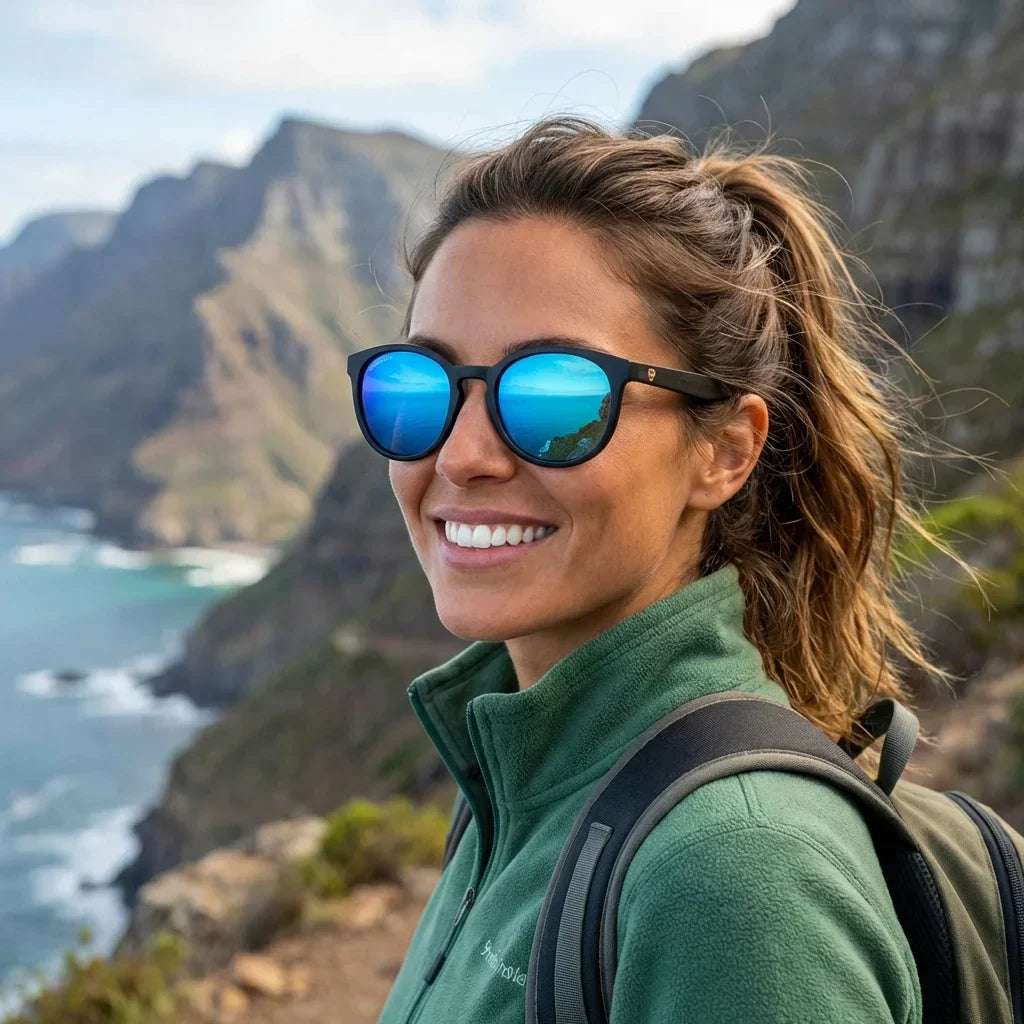 Mujer usando lentes sol Meli Dark bio-acetato polarizados Espejado Azul mujer aventura outdoor naturaleza sendero Bonoboss #editorial_sustentabilidad #color_espejado-azul