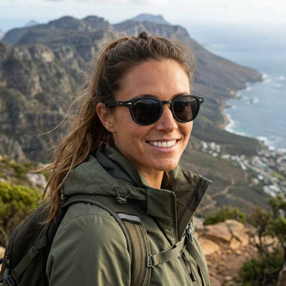 Mujer usando lentes sol Waimea RPET polarizados UV400 mujer aventura outdoor naturaleza proteccion UV Bonoboss #color_negro