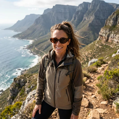 Mujer usando lentes sol Milan bio-acetato polarizados carey aventura outdoor naturaleza sendero proteccion UV Bonoboss #editorial_sustentabilidad #color_carey