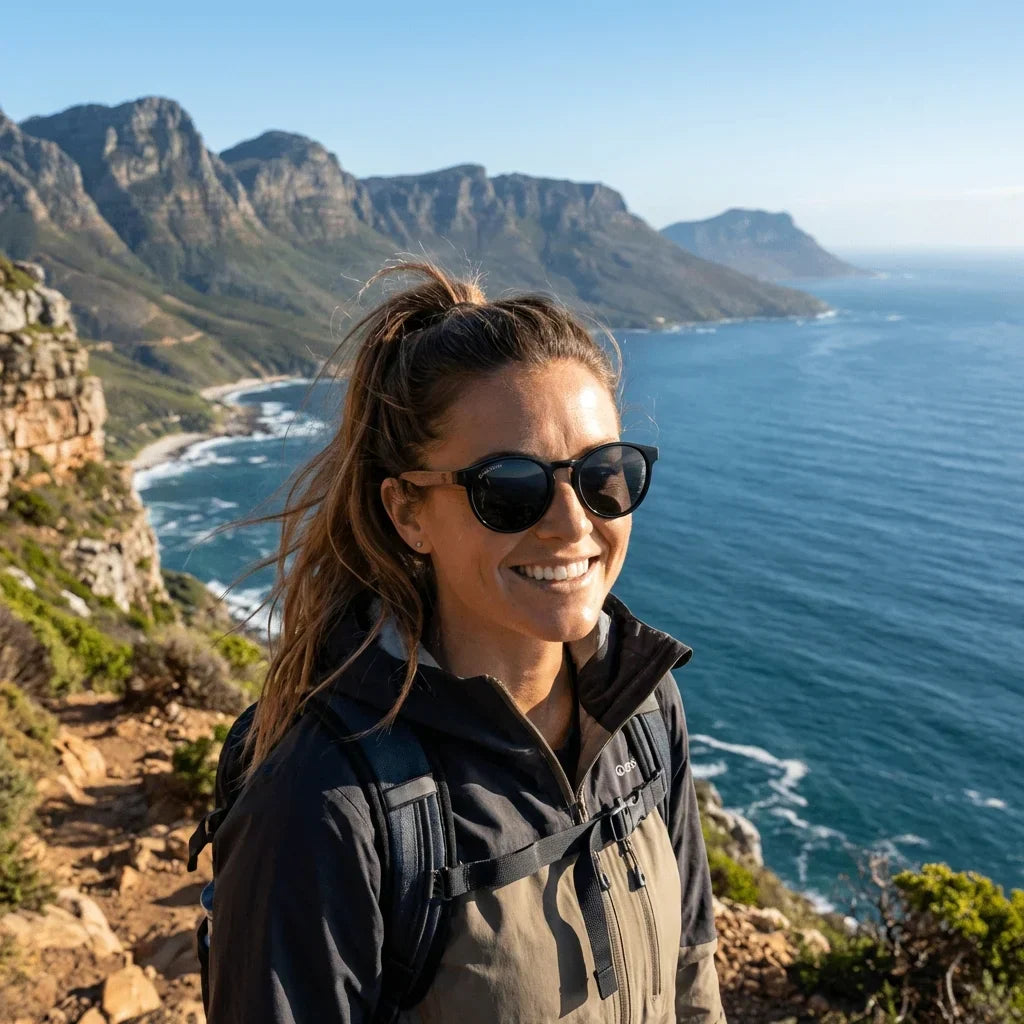 Mujer usando lentes sol Paine bio-acetato polarizados negro aventura outdoor sendero naturaleza sustentable Bonoboss #editorial_sustentabilidad #color_negro