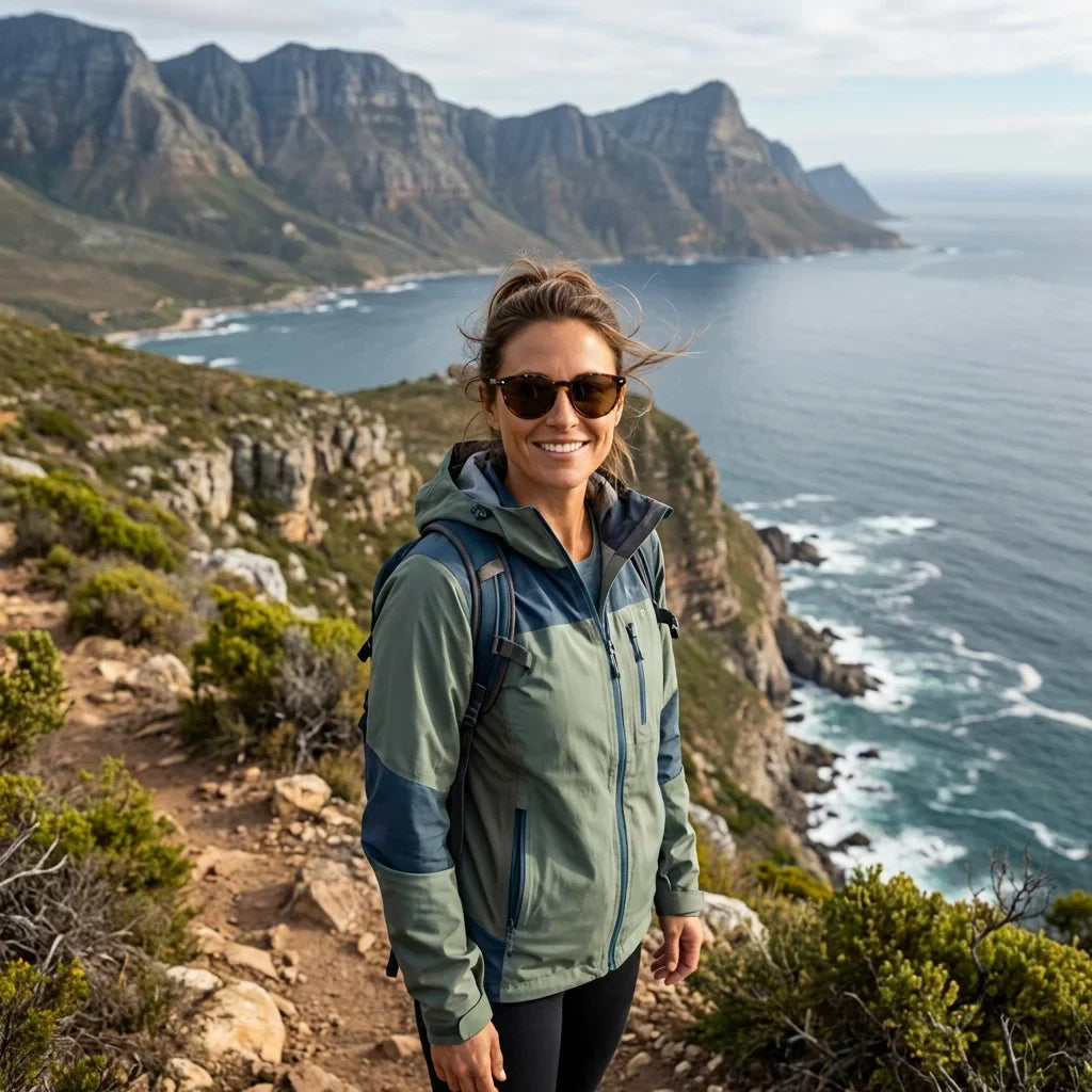 Mujer usando lentes sol Henua bio-acetato polarizados carey aventura outdoor naturaleza sendero proteccion UV Bonoboss #editorial_sustentabilidad #color_carey