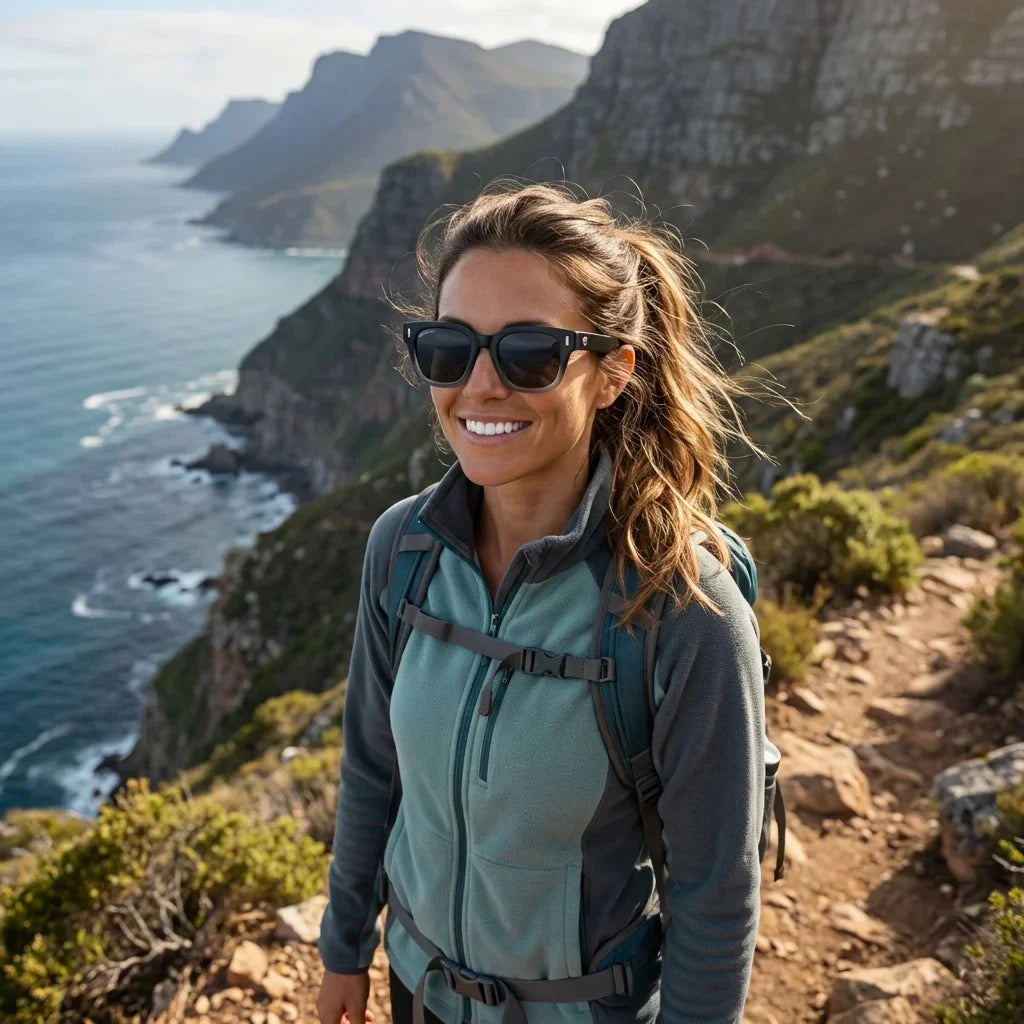 Mujer usando lentes sol Osorno rPET rPET reciclado polarizados Negro mujer aventura outdoor naturaleza proteccion UV Bonoboss #editorial_sustentabilidad #color_negro