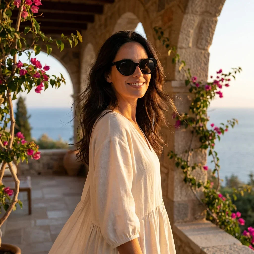 Mujer usando lentes sol Hannover bio-acetato polarizados negro golden hour atardecer costero proteccion UV Bonoboss #editorial_banner #color_negro