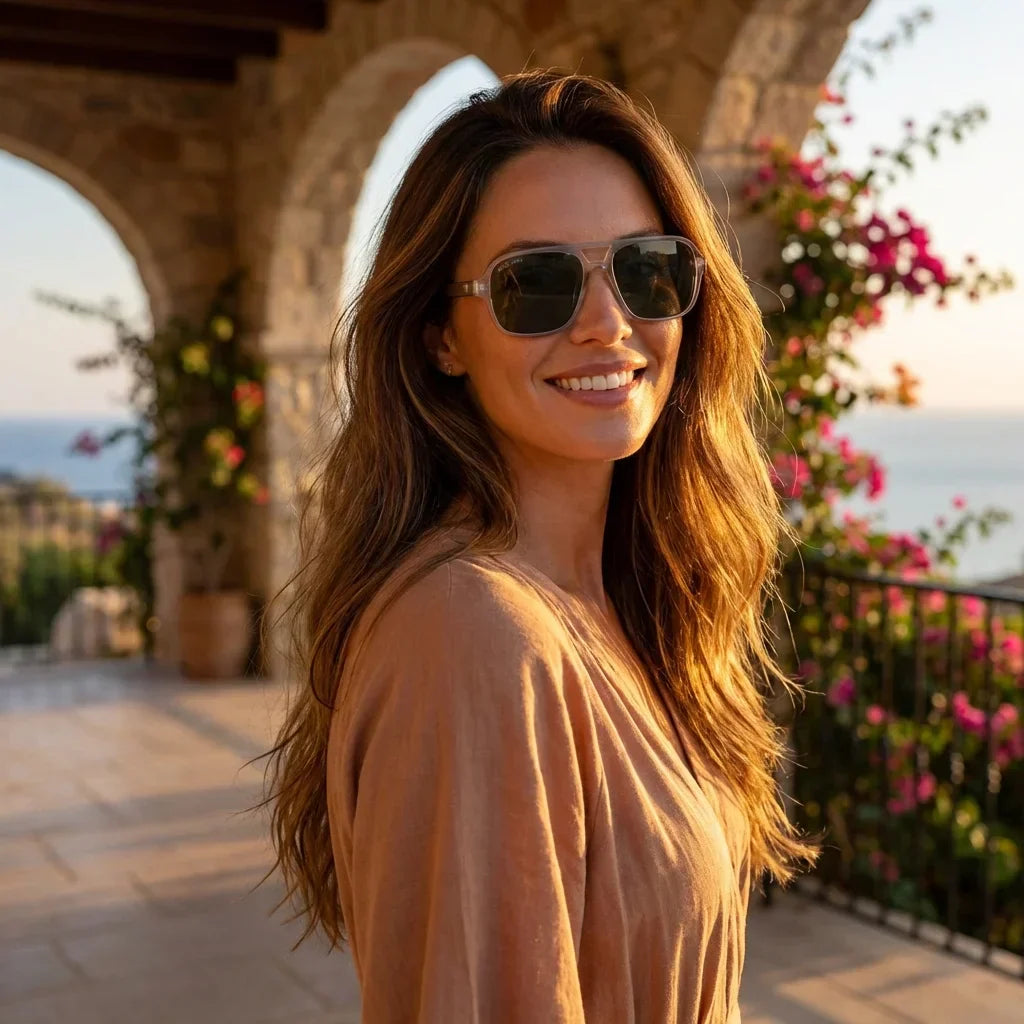 Vista angulada de Orson RPET anteojos de sol transparente para mujer #color_transparente