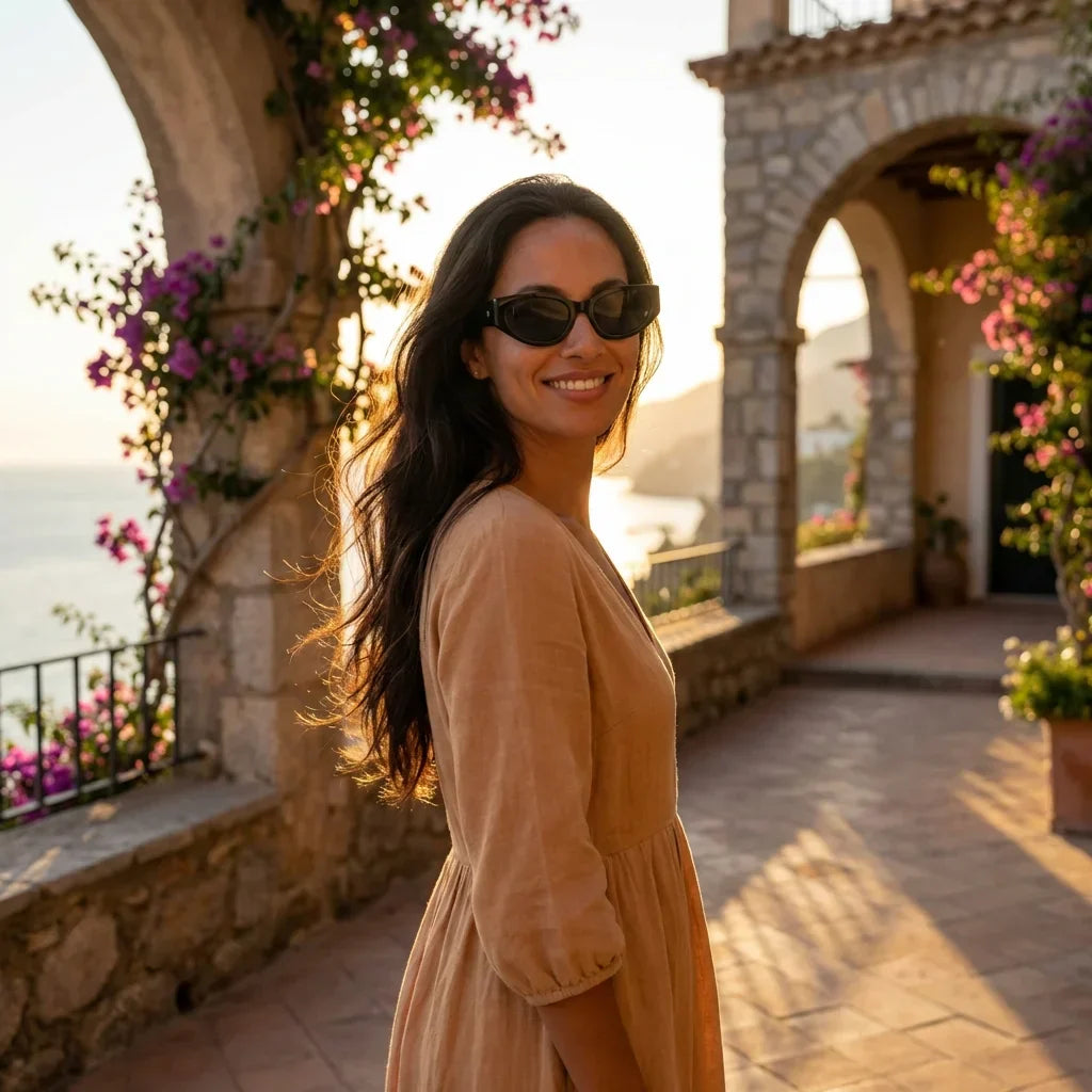 Mujer usando lentes sol Milan bio-acetato polarizados negro golden hour atardecer costero elegancia UV proteccion Bonoboss #editorial_banner #color_negro
