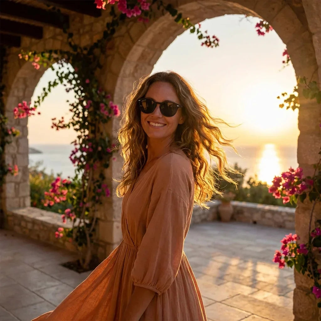 Mujer usando lentes sol Waimea RPET polarizados UV400 mujer atardecer golden hour luz calida Bonoboss #color_negro