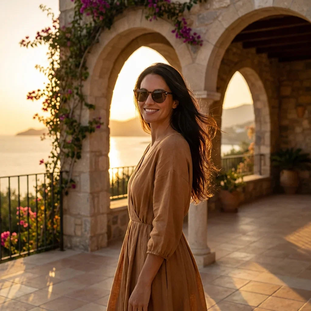 Mujer usando lentes sol Henua bio-acetato polarizados carey golden hour atardecer costero elegancia UV proteccion Bonoboss #editorial_banner #color_carey