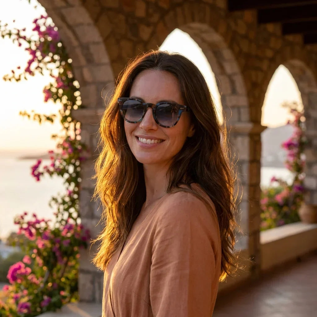 Mujer usando lentes sol Meli bio-acetato polarizados azul marble golden hour atardecer costero elegancia UV Bonoboss #editorial_banner #color_azul-marble