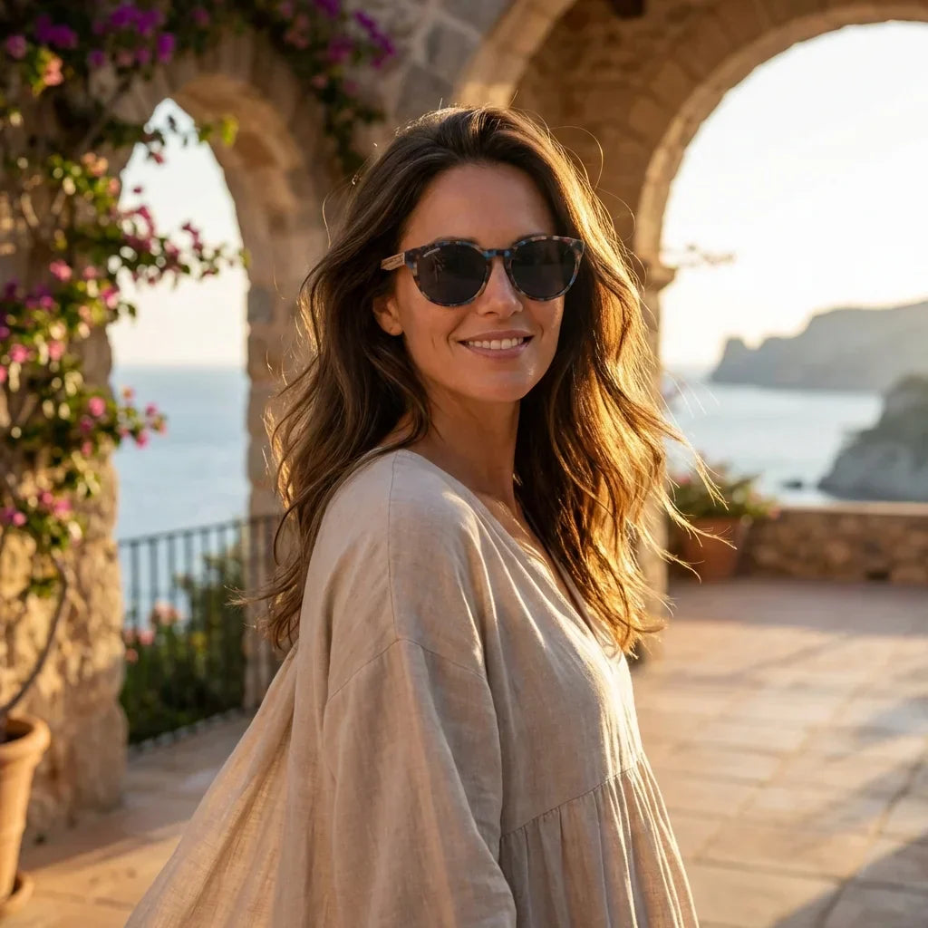 Mujer usando lentes sol Chiloé 110 Carey polarizados UV400 mujer atardecer golden hour luz calida Bonoboss #color_carey