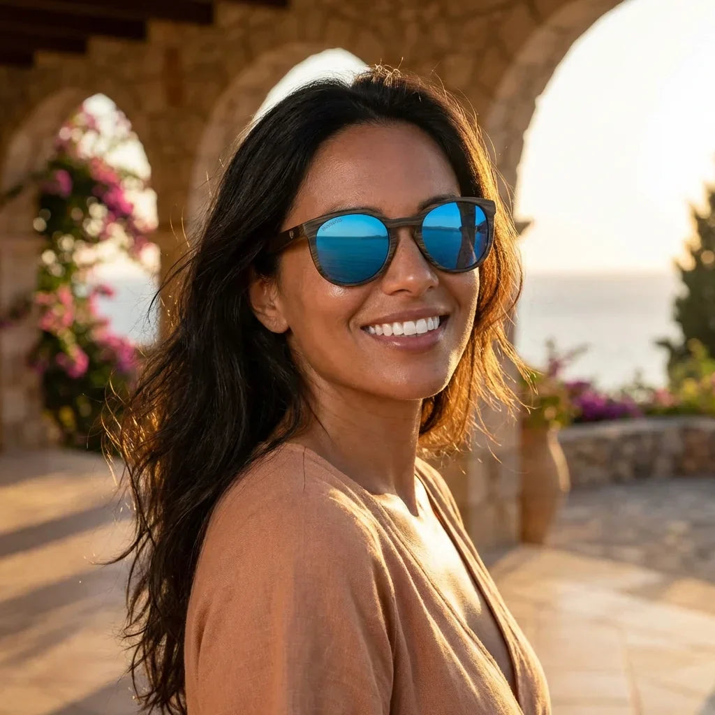 Meli Ebony anteojos de sol espejado azul vista angulada 3/4 para mujer #color_espejado-azul