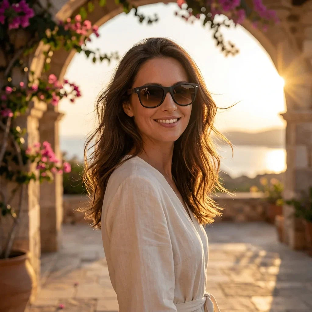 Mujer usando lentes sol Acacia Nogal polarizados UV400 mujer atardecer golden hour luz calida Bonoboss #color_gradiente-cafe