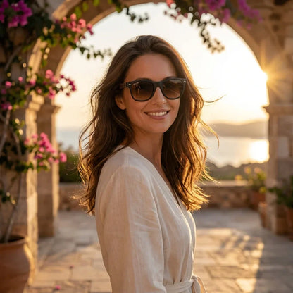 Mujer usando lentes sol Acacia Nogal polarizados UV400 mujer atardecer golden hour luz calida Bonoboss #color_gradiente-cafe