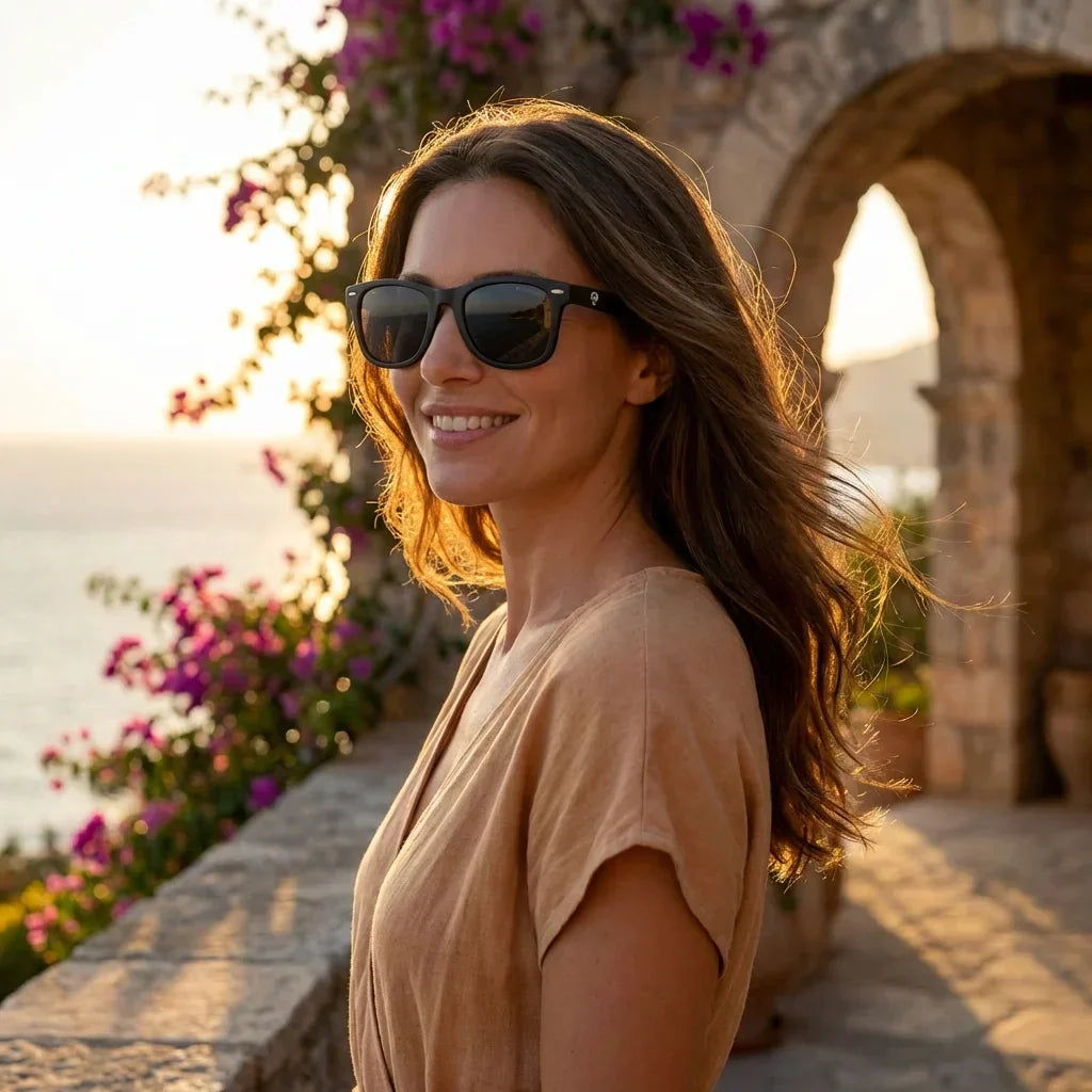 Mujer usando lentes sol Acacio RPET polarizados UV400 mujer atardecer golden hour luz calida Bonoboss #color_negro