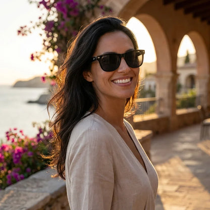 Mujer usando lentes sol Acacia XL polarizados UV400 mujer atardecer golden hour luz calida Bonoboss #color_negro