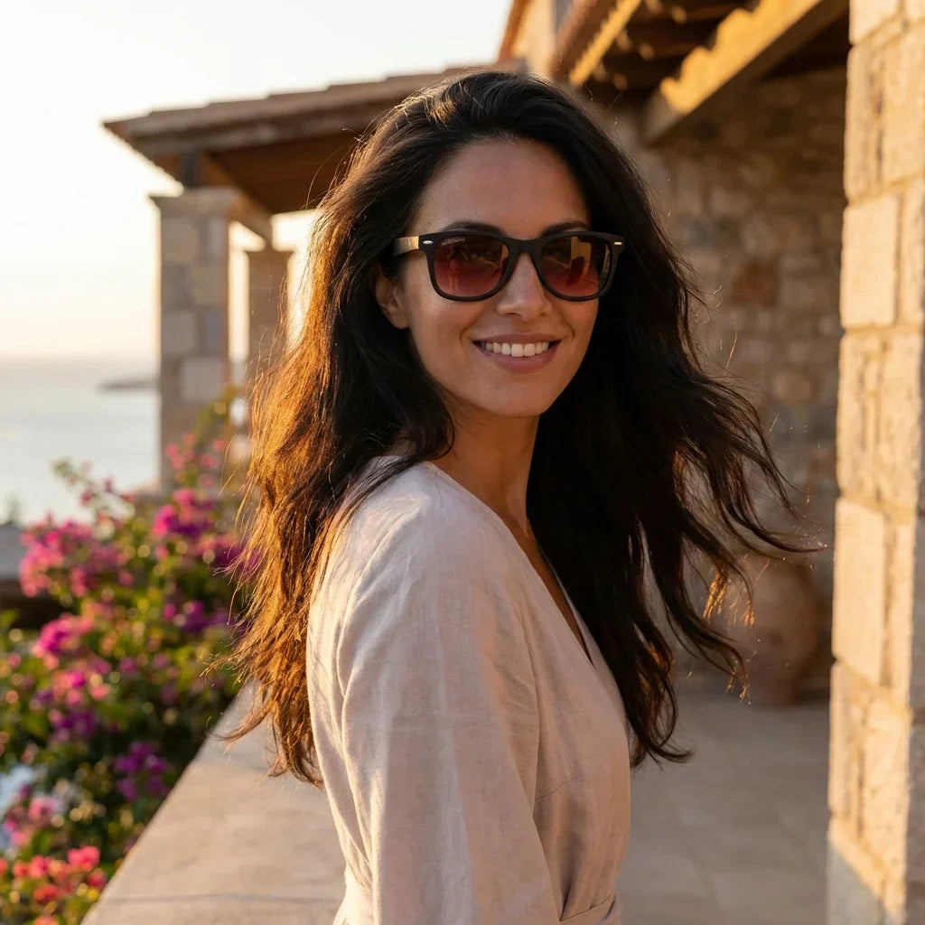 Mujer usando lentes sol Acacio RPET polarizados UV400 mujer atardecer golden hour luz calida Bonoboss #color_rojo
