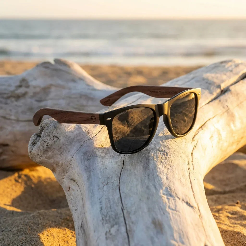 Lentes sol Acacia Nogal polarizados UV400 sobre madera driftwood luz dorada Bonoboss #color_smoke