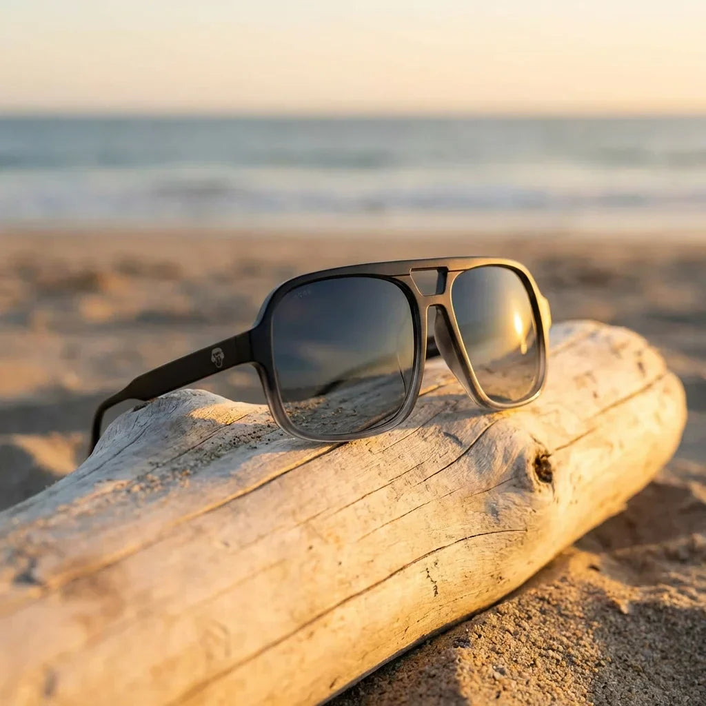 Lentes sol Orson RPET polarizados UV400 sobre madera driftwood luz dorada Bonoboss #color_negro