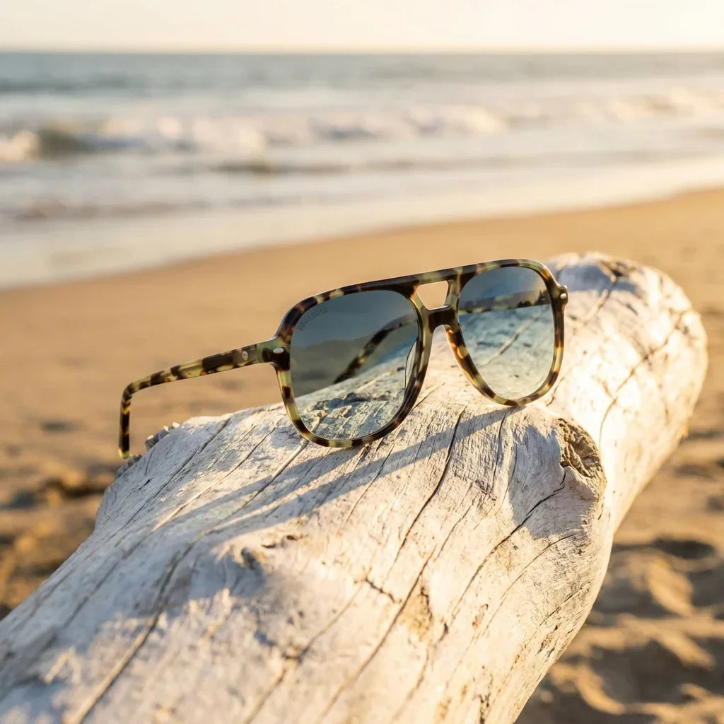 Vista frontal del modelo Orson E.D lentes de sol mujer verde clásico patas de madera #color_verde