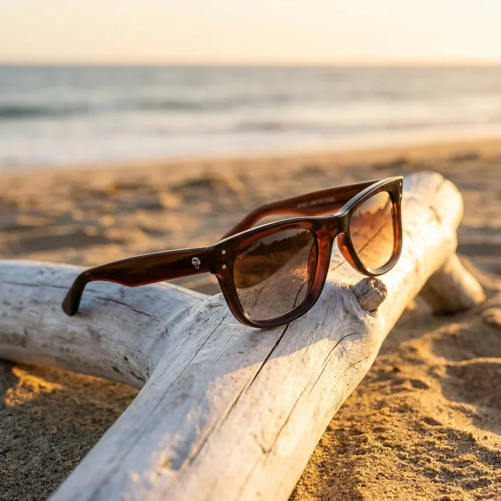 Lentes sol Acacia Reverse polarizados UV400 sobre madera driftwood luz dorada Bonoboss #color_brown