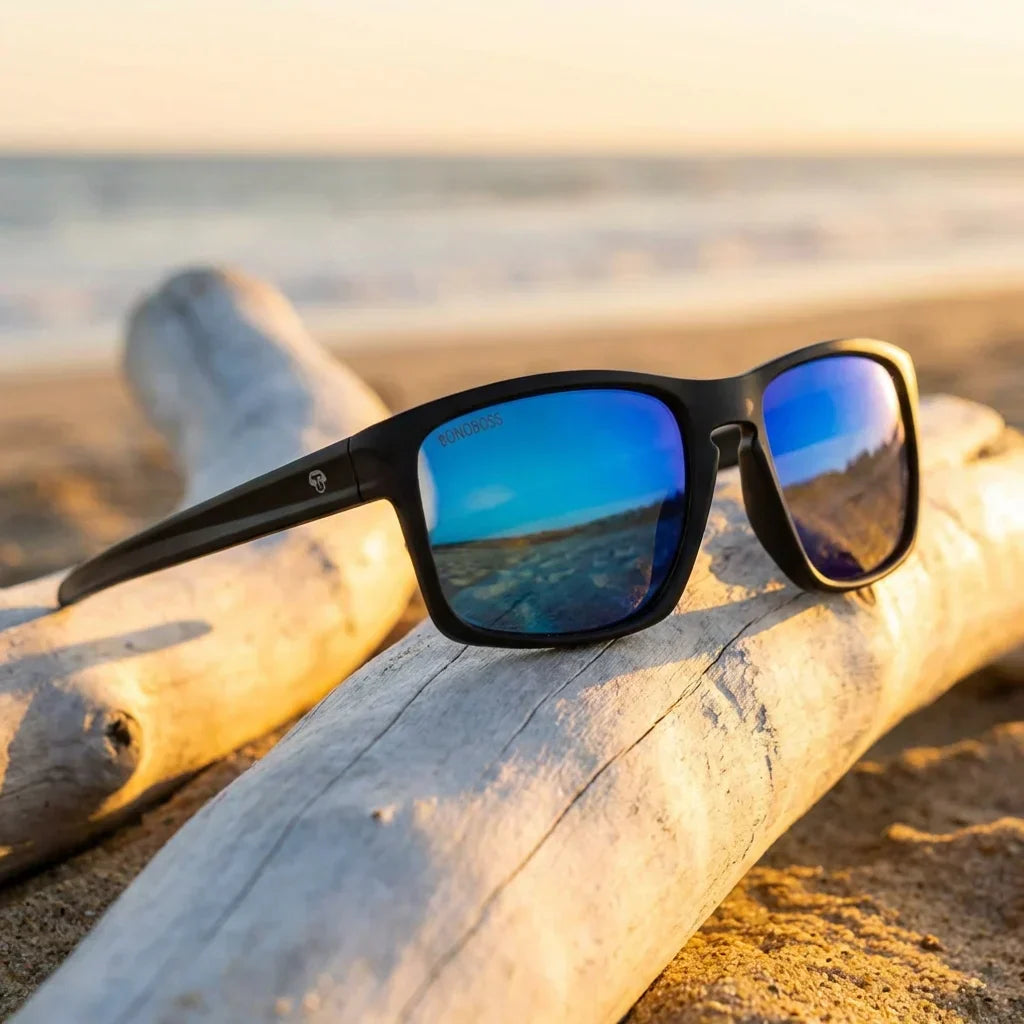 Lautaro RPET en tono azul lentes de sol hombre de frente patas de madera #color_azul