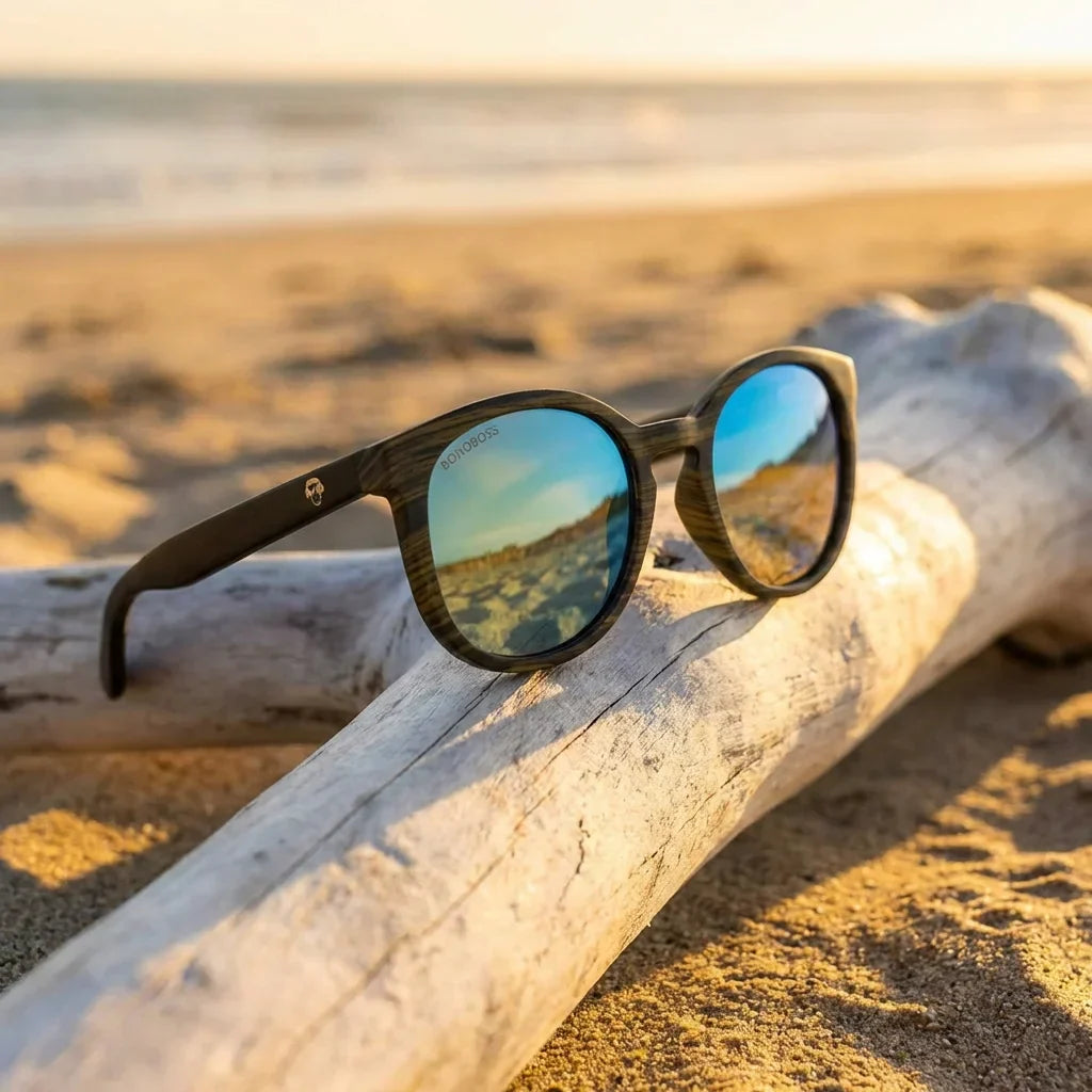 Meli Ebony lentes de sol madera espejado azul vista frontal para hombre y mujer #color_espejado-azul