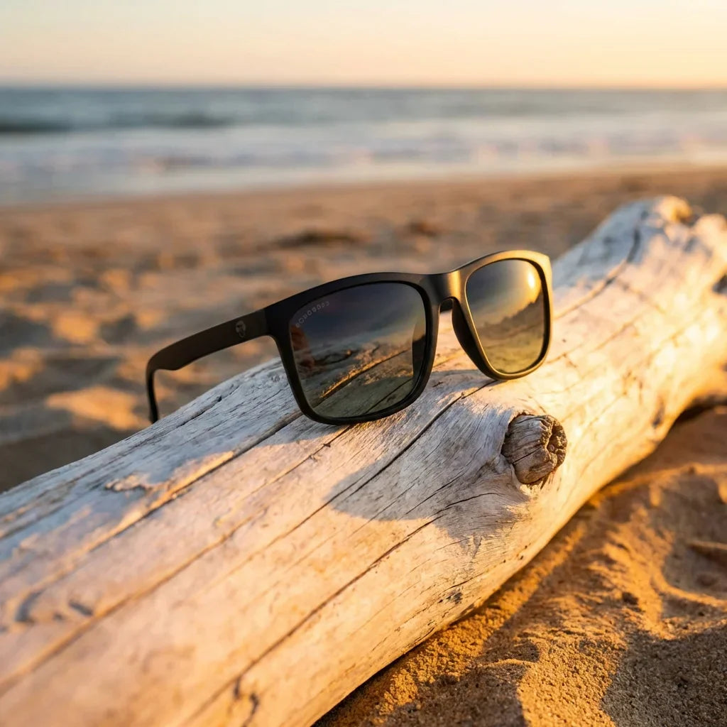 Vista angulada Rapanui RPET gafas polarizadas color negro con diseño sustentable #color_negro