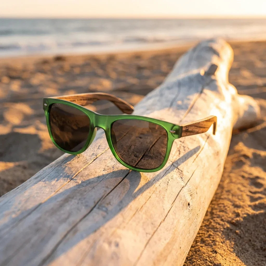 Lentes sol Acacia polarizados UV400 madera zebrano Verde Smoke sobre driftwood dorado reflejo lente costero Bonoboss #editorial_banner #color_verde-smoke