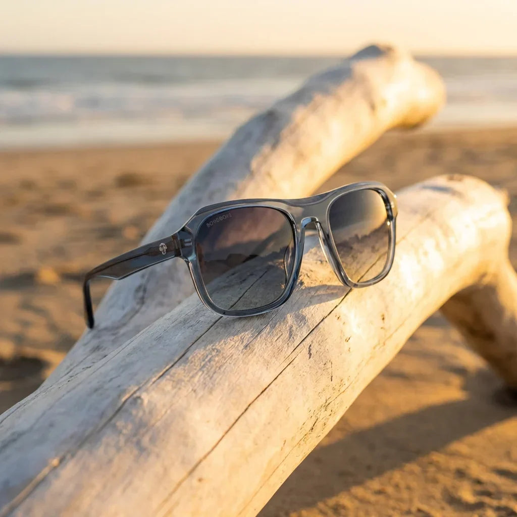 Lentes sol Tom polarizados UV400 sobre madera driftwood luz dorada Bonoboss #color_azul