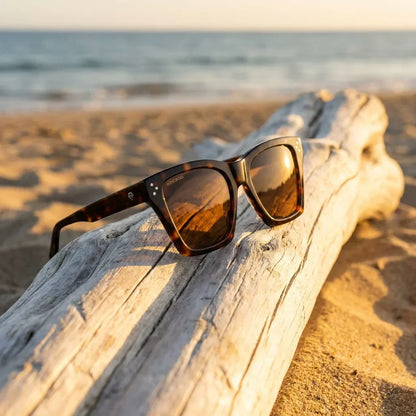 Lentes sol Bruna polarizados UV400 sobre madera driftwood luz dorada Bonoboss #color_carey