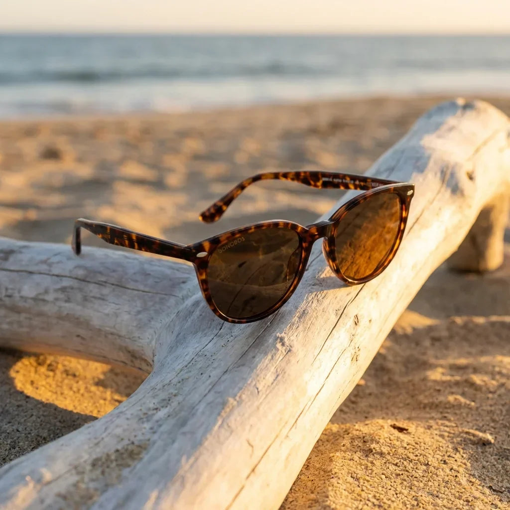 Lentes sol Henua polarizados UV400 sobre madera driftwood luz dorada Bonoboss #color_carey