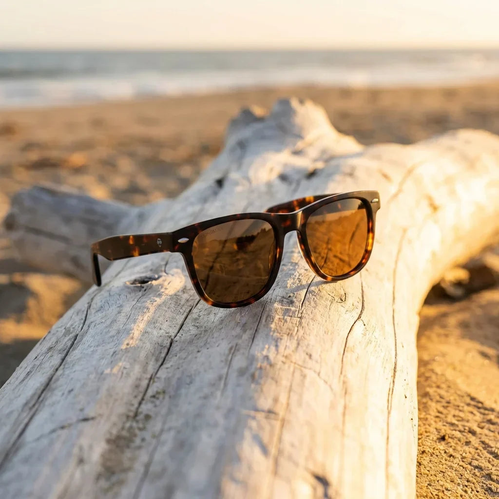 Lentes sol Acacia XL polarizados UV400 sobre madera driftwood luz dorada Bonoboss #color_carey