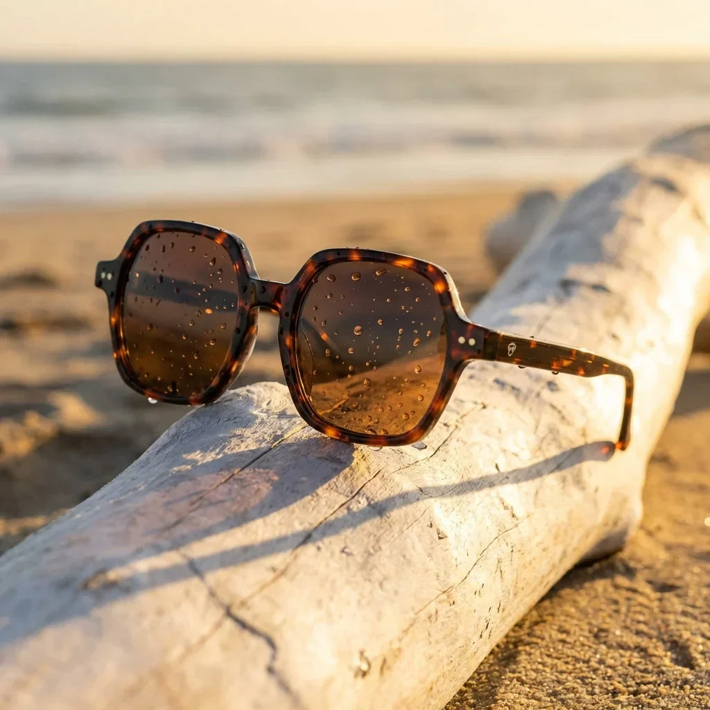 Lentes sol Canarias polarizados UV400 sobre madera driftwood luz dorada Bonoboss #color_carey