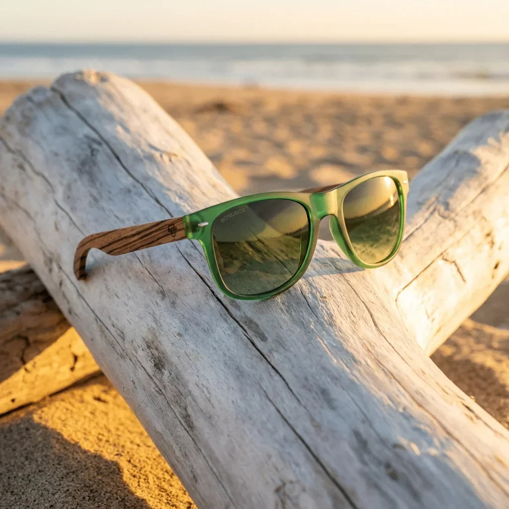Lentes sol Acacia polarizados UV400 madera zebrano Verde Gradiente Olive sobre driftwood dorado reflejo lente costero Bonoboss #editorial_banner #color_verde-gradiente-olive