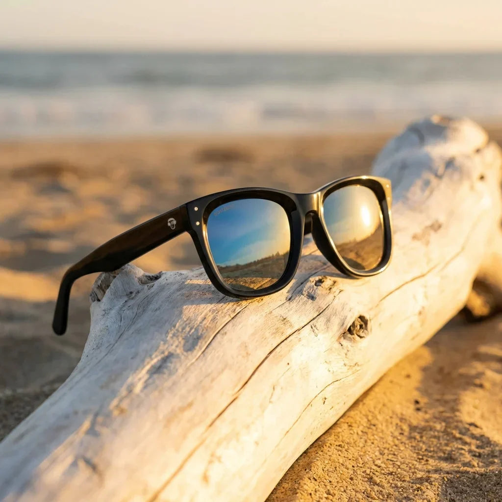 Lentes sol Acacia Reverse polarizados UV400 sobre madera driftwood luz dorada Bonoboss #color_espejado-azul
