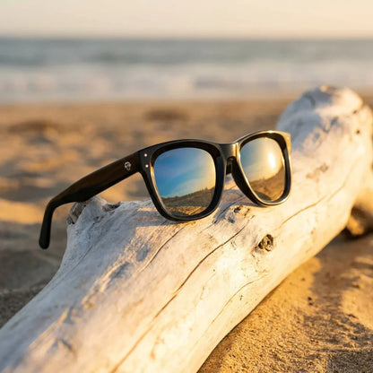 Lentes sol Acacia Reverse polarizados UV400 sobre madera driftwood luz dorada Bonoboss #color_espejado-azul