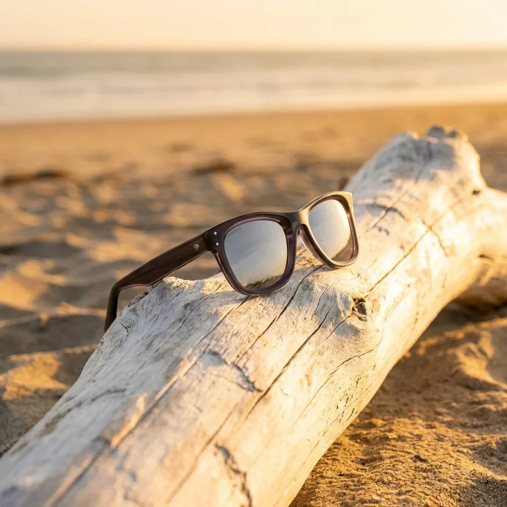 Lentes sol Acacia Reverse polarizados UV400 sobre madera driftwood luz dorada Bonoboss #color_espejado-gris