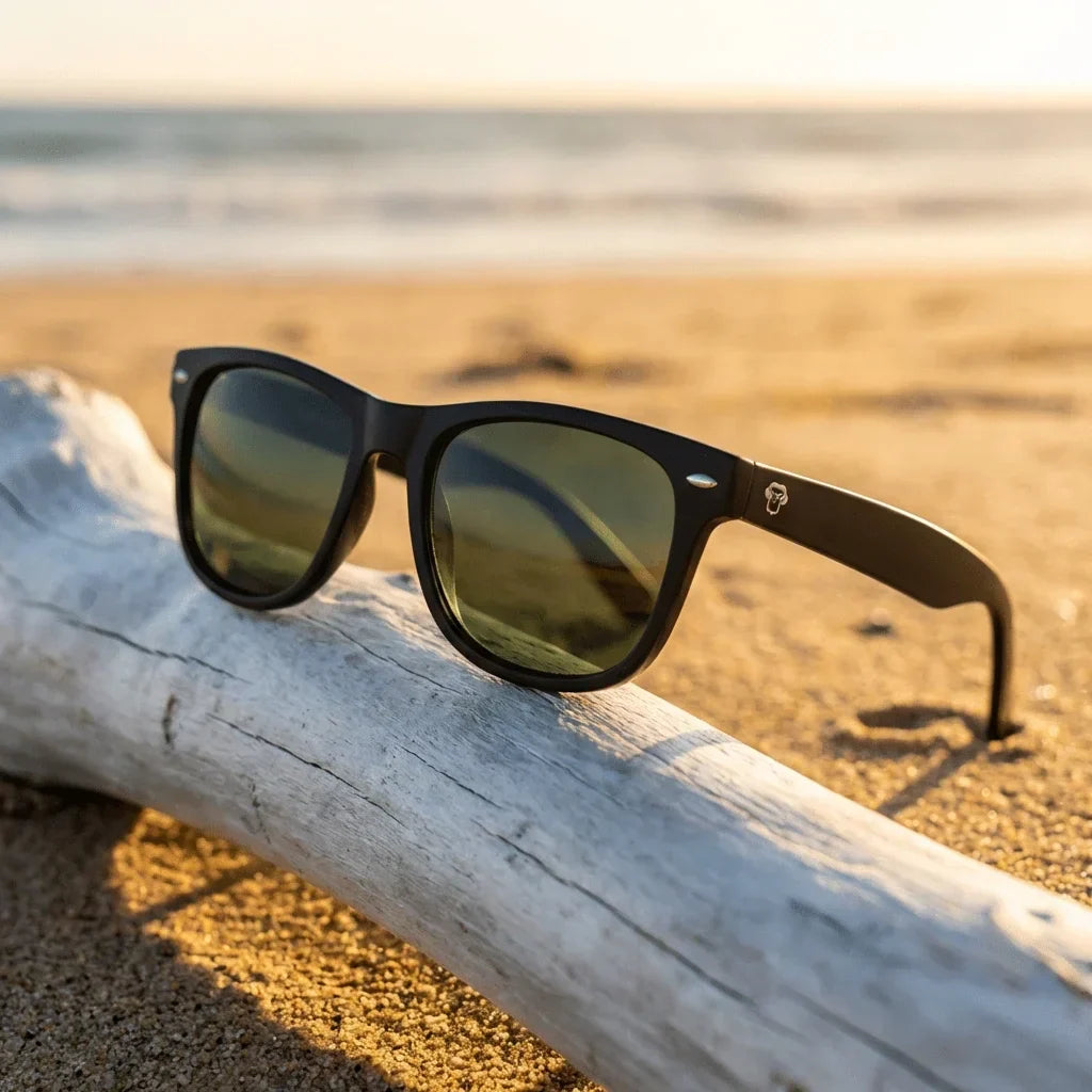 Lentes sol Acacia XL polarizados UV400 sobre madera driftwood luz dorada Bonoboss #color_g15