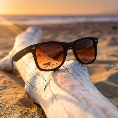 Lentes sol Acacio RPET polarizados UV400 sobre madera driftwood luz dorada Bonoboss #color_rojo