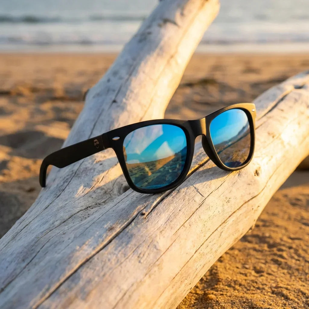 Lentes sol Acacia Dark polarizados UV400 sobre madera driftwood luz dorada Bonoboss #color_sky