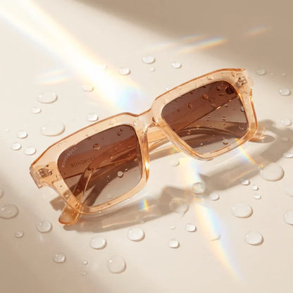 Lentes sol Verona polarizados UV400 sobre superficie con agua y luz natural Bonoboss #color_champagne