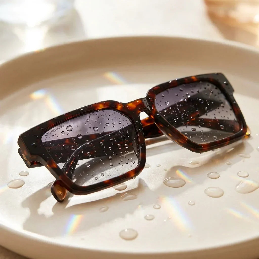 Lentes sol Montenegro polarizados UV400 sobre superficie con agua y luz natural Bonoboss #color_carey