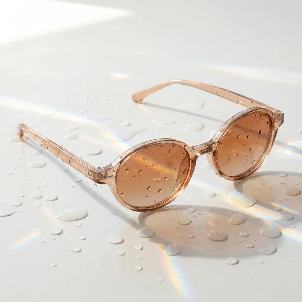 Lentes sol Capri polarizados UV400 sobre superficie con agua y luz natural Bonoboss #color_champagne