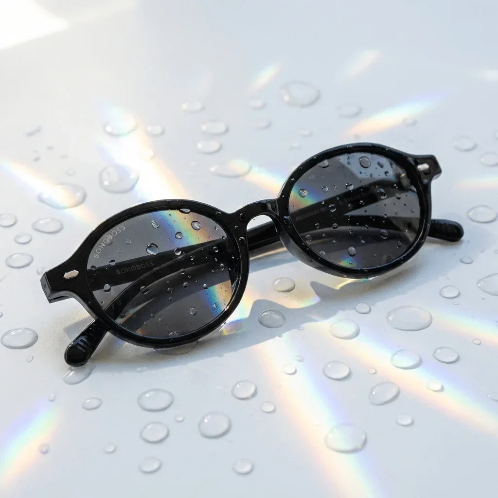 Lentes sol Capri polarizados UV400 sobre superficie con agua y luz natural Bonoboss #color_negro