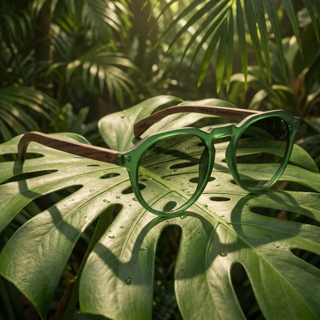 Lentes sol Galapagos polarizados acetato madera verde composicion botanica hoja monstera tropical Bonoboss #editorial_grid2 #color_verde