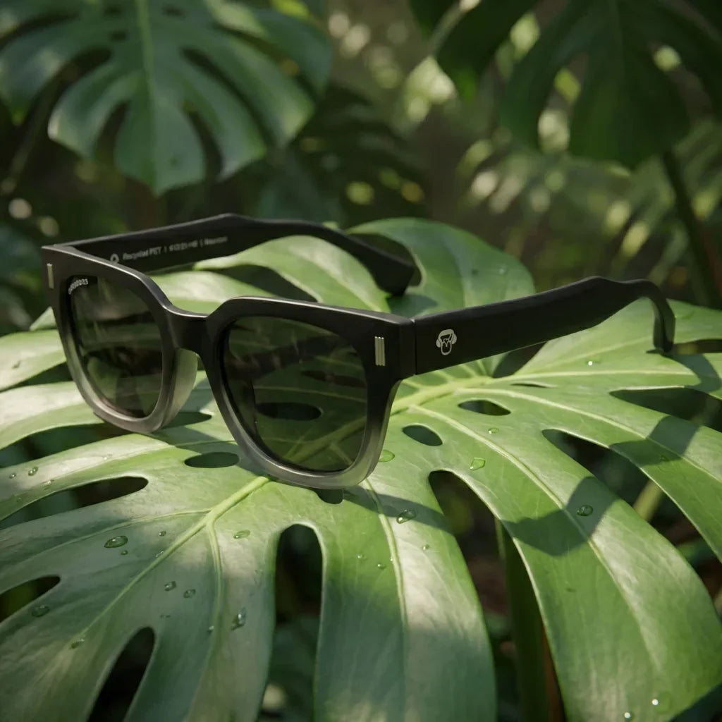 Lentes sol Osorno rPET polarizados UV400 rPET reciclado Negro composicion botanica monstera tropical natural Bonoboss #editorial_grid2 #color_negro