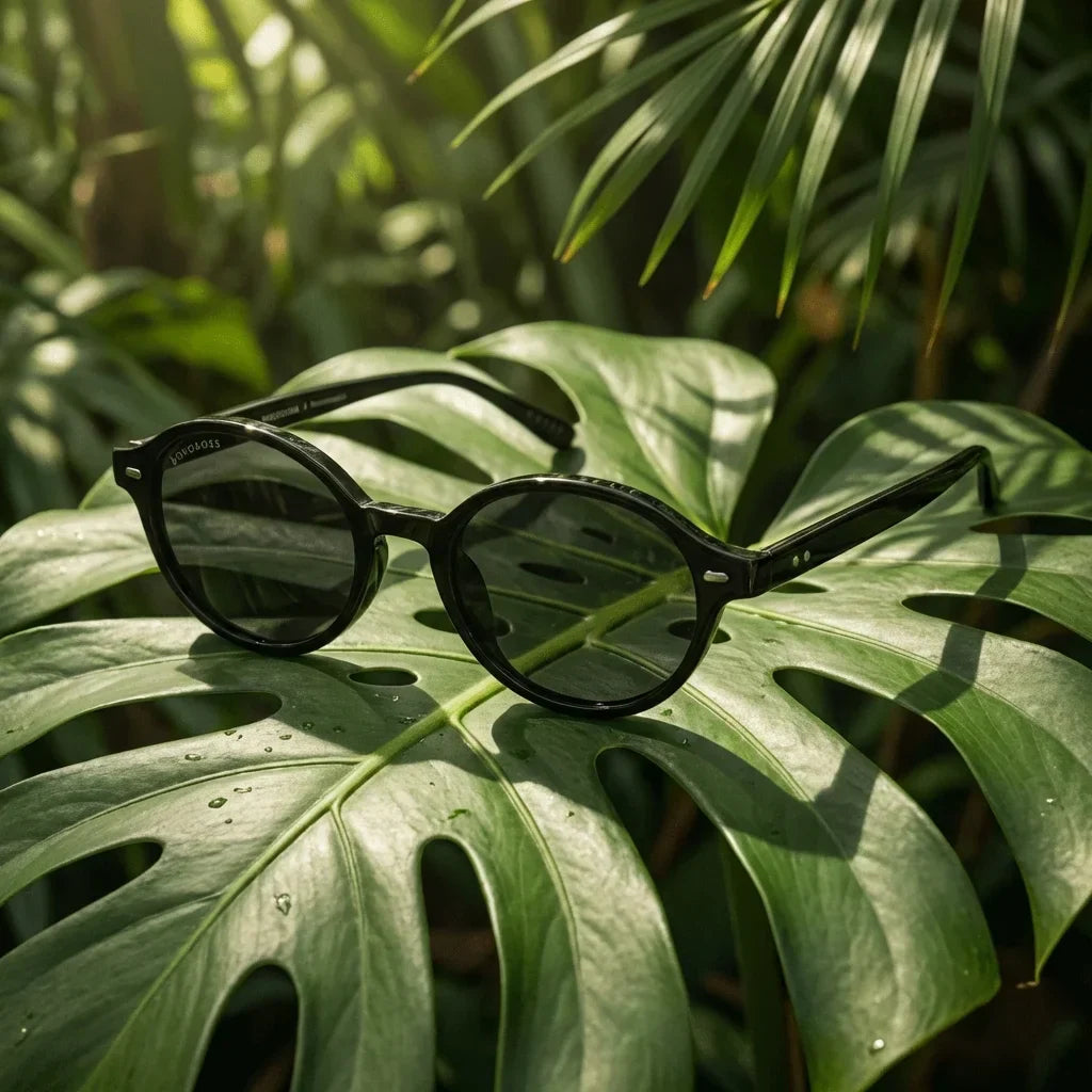 Lentes sol Capri polarizados RPET reciclado black composicion botanica monstera tropical sustentable Bonoboss #editorial_grid2 #color_black