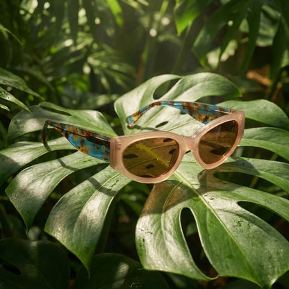 Lentes sol Milan polarizados bio-acetato peach composicion botanica monstera tropical biodegradable Bonoboss #editorial_grid2 #color_peach