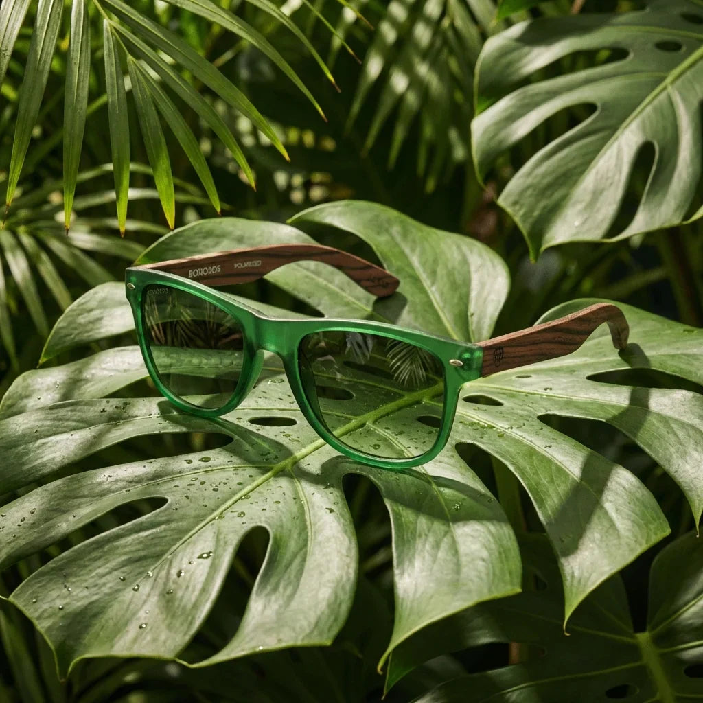 Lentes sol Acacia polarizados UV400 madera zebrano Verde Gradiente Olive composicion botanica monstera tropical natural Bonoboss #editorial_grid2 #color_verde-gradiente-olive
