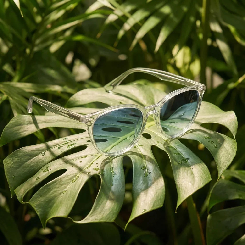Lentes sol Henua polarizados bio-acetato transparente composicion botanica monstera tropical biodegradable Bonoboss #editorial_grid2 #color_transparente