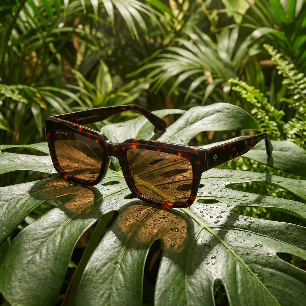 Lentes sol Amsterdam polarizados carey composicion botanica hoja monstera tropical Bonoboss #editorial_grid2 #color_carey